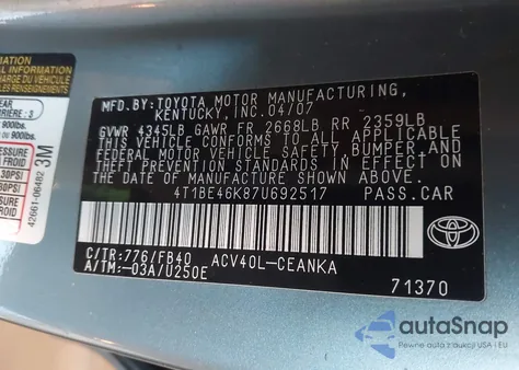 2007 Toyota Camry Le z USA, uszkodzony, nr VIN 4T1BE46K87U692517